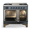 ILVE Majestic III 40-inch Dual Fuel Range with 5 Liquid Propane Burner, Griddle and Solid Door Electric Oven in Blue Grey with Burnished Trim (UMD40FQNR3BGBLP)