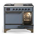 ILVE Majestic III 40-inch Dual Fuel Range with 5 Liquid Propane Burner, Griddle and Solid Door Electric Oven in Blue Grey with Burnished Trim (UMD40FQNR3BGBLP)