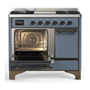 ILVE Majestic III 40-inch Dual Fuel Range with 5 Liquid Propane Burner, Griddle and Solid Door Electric Oven in Blue Grey with Burnished Trim (UMD40FQNR3BGBLP)