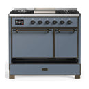 ILVE Majestic III 40-inch Dual Fuel Range with 5 Liquid Propane Burner, Griddle and Solid Door Electric Oven in Blue Grey with Burnished Trim (UMD40FQNR3BGBLP)