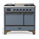 ILVE Majestic III 40-inch Dual Fuel Range with 5 Liquid Propane Burner, Griddle and Solid Door Electric Oven in Blue Grey with Burnished Trim (UMD40FQNR3BGBLP)