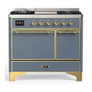 ILVE Majestic III 40-inch Dual Fuel Range with 6 Natural Gas Burner, Griddle and Solid Door Electric Oven in Blue Grey with Brass Trim (UMD40FQNR3BGG)
