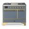 ILVE Majestic III 40-inch Dual Fuel Range with 5 Liquid Propane Burner, Griddle and Solid Door Electric Oven in Blue Grey with Brass Trim (UMD40FQNR3BGGLP)