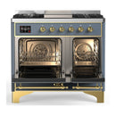 ILVE Majestic III 40-inch Dual Fuel Range with 6 Natural Gas Burner, Griddle and Solid Door Electric Oven in Blue Grey with Brass Trim (UMD40FQNR3BGG)