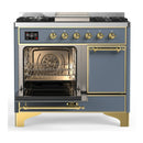ILVE Majestic III 40-inch Dual Fuel Range with 6 Natural Gas Burner, Griddle and Solid Door Electric Oven in Blue Grey with Brass Trim (UMD40FQNR3BGG)