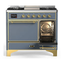 ILVE Majestic III 40-inch Dual Fuel Range with 5 Liquid Propane Burner, Griddle and Solid Door Electric Oven in Blue Grey with Brass Trim (UMD40FQNR3BGGLP)
