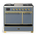 ILVE Majestic III 40-inch Dual Fuel Range with 6 Natural Gas Burner, Griddle and Solid Door Electric Oven in Blue Grey with Brass Trim (UMD40FQNR3BGG)