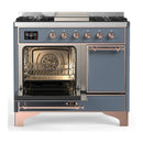 ILVE Majestic III 40-inch Dual Fuel Range with 6 Natural Gas Burner, Griddle and Solid Door Electric Oven in Blue Grey with Copper Trim (UMD40FQNR3BGP)