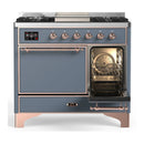ILVE Majestic III 40-inch Dual Fuel Range with 5 Liquid Propane Burner, Griddle and Solid Door Electric Oven in Blue Grey with Copper Trim (UMD40FQNR3BGPLP)