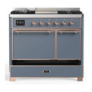 ILVE Majestic III 40-inch Dual Fuel Range with 6 Natural Gas Burner, Griddle and Solid Door Electric Oven in Blue Grey with Copper Trim (UMD40FQNR3BGP)