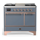 ILVE Majestic III 40-inch Dual Fuel Range with 5 Liquid Propane Burner, Griddle and Solid Door Electric Oven in Blue Grey with Copper Trim (UMD40FQNR3BGPLP)
