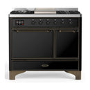 ILVE Majestic III 40-inch Dual Fuel Range with 6 Natural Gas Burner, Griddle and Solid Door Electric Oven in Glossy Black with Burnished Trim (UMD40FQNR3BKB)