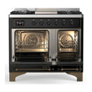 ILVE Majestic III 40-inch Dual Fuel Range with 6 Natural Gas Burner, Griddle and Solid Door Electric Oven in Glossy Black with Burnished Trim (UMD40FQNR3BKB)