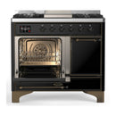 ILVE Majestic III 40-inch Dual Fuel Range with 6 Natural Gas Burner, Griddle and Solid Door Electric Oven in Glossy Black with Burnished Trim (UMD40FQNR3BKB)