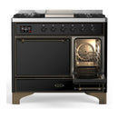 ILVE Majestic III 40-inch Dual Fuel Range with 6 Natural Gas Burner, Griddle and Solid Door Electric Oven in Glossy Black with Burnished Trim (UMD40FQNR3BKB)