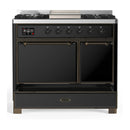 ILVE Majestic III 40-inch Dual Fuel Range with 6 Natural Gas Burner, Griddle and Solid Door Electric Oven in Glossy Black with Burnished Trim (UMD40FQNR3BKB)