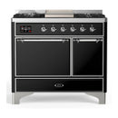 ILVE Majestic III 40-inch Dual Fuel Range with 6 Natural Gas Burner, Griddle and Solid Door Electric Oven in Glossy Black with Chrome Trim (UMD40FQNR3BKC)