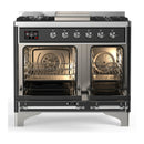 ILVE Majestic III 40-inch Dual Fuel Range with 6 Natural Gas Burner, Griddle and Solid Door Electric Oven in Glossy Black with Chrome Trim (UMD40FQNR3BKC)