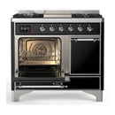 ILVE Majestic III 40-inch Dual Fuel Range with 6 Natural Gas Burner, Griddle and Solid Door Electric Oven in Glossy Black with Chrome Trim (UMD40FQNR3BKC)