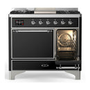 ILVE Majestic III 40-inch Dual Fuel Range with 6 Natural Gas Burner, Griddle and Solid Door Electric Oven in Glossy Black with Chrome Trim (UMD40FQNR3BKC)
