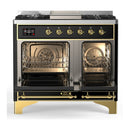 ILVE Majestic III 40-inch Dual Fuel Range with 6 Natural Gas Burner, Griddle and Solid Door Electric Oven in Glossy Black with Brass Trim (UMD40FQNR3BKG)