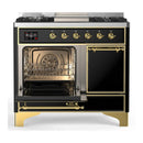 ILVE Majestic III 40-inch Dual Fuel Range with 6 Natural Gas Burner, Griddle and Solid Door Electric Oven in Glossy Black with Brass Trim (UMD40FQNR3BKG)