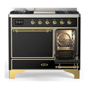 ILVE Majestic III 40-inch Dual Fuel Range with 5 Liquid Propane Burner, Griddle and Solid Door Electric Oven in Glossy Black with Brass Trim (UMD40FQNR3BKGLP)