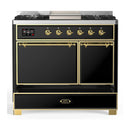 ILVE Majestic III 40-inch Dual Fuel Range with 5 Liquid Propane Burner, Griddle and Solid Door Electric Oven in Glossy Black with Brass Trim (UMD40FQNR3BKGLP)