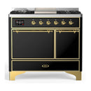 ILVE Majestic III 40-inch Dual Fuel Range with 5 Liquid Propane Burner, Griddle and Solid Door Electric Oven in Glossy Black with Brass Trim (UMD40FQNR3BKGLP)