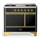 ILVE Majestic III 40-inch Dual Fuel Range with 6 Natural Gas Burner, Griddle and Solid Door Electric Oven in Glossy Black with Brass Trim (UMD40FQNR3BKG)