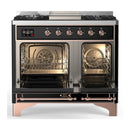 ILVE Majestic III 40-inch Dual Fuel Range with 5 Liquid Propane Burner, Griddle and Solid Door Electric Oven in Glossy Black with Copper Trim (UMD40FQNR3BKPLP)