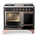 ILVE Majestic III 40-inch Dual Fuel Range with 6 Natural Gas Burner, Griddle and Solid Door Electric Oven in Glossy Black with Copper Trim (UMD40FQNR3BKP)