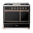 ILVE Majestic III 40-inch Dual Fuel Range with 6 Natural Gas Burner, Griddle and Solid Door Electric Oven in Glossy Black with Copper Trim (UMD40FQNR3BKP)
