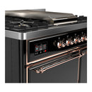 ILVE Majestic III 40-inch Dual Fuel Range with 5 Liquid Propane Burner, Griddle and Solid Door Electric Oven in Glossy Black with Copper Trim (UMD40FQNR3BKPLP)