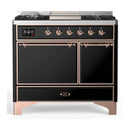 ILVE Majestic III 40-inch Dual Fuel Range with 5 Liquid Propane Burner, Griddle and Solid Door Electric Oven in Glossy Black with Copper Trim (UMD40FQNR3BKPLP)