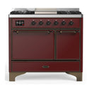 ILVE Majestic III 40-inch Dual Fuel Range with 6 Natural Gas Burner, Griddle and Solid Door Electric Oven in Burgundy with Burnished Trim (UMD40FQNR3BUB)