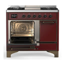 ILVE Majestic III 40-inch Dual Fuel Range with 6 Natural Gas Burner, Griddle and Solid Door Electric Oven in Burgundy with Burnished Trim (UMD40FQNR3BUB)