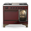 ILVE Majestic III 40-inch Dual Fuel Range with 6 Natural Gas Burner, Griddle and Solid Door Electric Oven in Burgundy with Burnished Trim (UMD40FQNR3BUB)