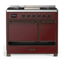 ILVE Majestic III 40-inch Dual Fuel Range with 6 Natural Gas Burner, Griddle and Solid Door Electric Oven in Burgundy with Burnished Trim (UMD40FQNR3BUB)