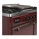 ILVE Majestic III 40-inch Dual Fuel Range with 6 Natural Gas Burner, Griddle and Solid Door Electric Oven in Burgundy with Burnished Trim (UMD40FQNR3BUB)