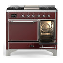 ILVE Majestic III 40-inch Dual Fuel Range with 5 Liquid Propane Burner, Griddle and Solid Door Electric Oven in Burgundy with Chrome Trim (UMD40FQNR3BUCLP)