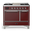 ILVE Majestic III 40-inch Dual Fuel Range with 5 Liquid Propane Burner, Griddle and Solid Door Electric Oven in Burgundy with Chrome Trim (UMD40FQNR3BUCLP)