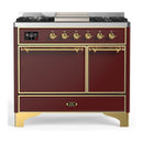ILVE Majestic III 40-inch Dual Fuel Range with 6 Natural Gas Burner, Griddle and Solid Door Electric Oven in Burgundy with Brass Trim (UMD40FQNR3BUG)
