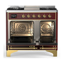 ILVE Majestic III 40-inch Dual Fuel Range with 6 Natural Gas Burner, Griddle and Solid Door Electric Oven in Burgundy with Brass Trim (UMD40FQNR3BUG)