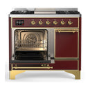 ILVE Majestic III 40-inch Dual Fuel Range with 5 Liquid Propane Burner, Griddle and Solid Door Electric Oven in Burgundy with Brass Trim (UMD40FQNR3BUGLP)