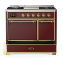 ILVE Majestic III 40-inch Dual Fuel Range with 6 Natural Gas Burner, Griddle and Solid Door Electric Oven in Burgundy with Brass Trim (UMD40FQNR3BUG)