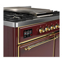 ILVE Majestic III 40-inch Dual Fuel Range with 5 Liquid Propane Burner, Griddle and Solid Door Electric Oven in Burgundy with Brass Trim (UMD40FQNR3BUGLP)