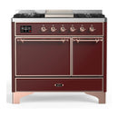 ILVE Majestic III 40-inch Dual Fuel Range with 6 Natural Gas Burner, Griddle and Solid Door Electric Oven in Burgundy with Copper Trim (UMD40FQNR3BUP)