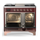 ILVE Majestic III 40-inch Dual Fuel Range with 6 Natural Gas Burner, Griddle and Solid Door Electric Oven in Burgundy with Copper Trim (UMD40FQNR3BUP)