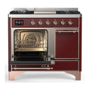ILVE Majestic III 40-inch Dual Fuel Range with 6 Natural Gas Burner, Griddle and Solid Door Electric Oven in Burgundy with Copper Trim (UMD40FQNR3BUP)